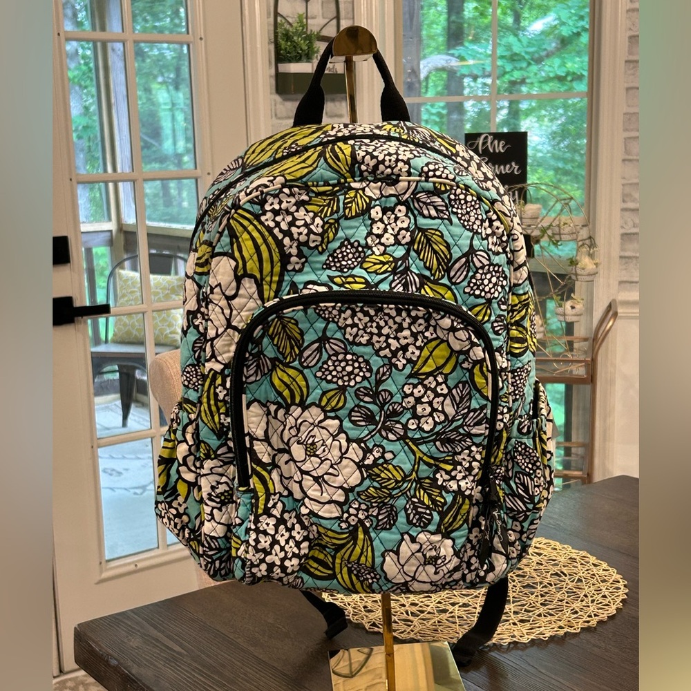 Vera Bradley Island Blooms Quilted Floral Backpack in Aqua, White & Lime